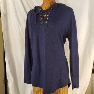 Free 2 B Blue Lace-up Neck Long Sleeve Sweatshirt Tunic Top - M